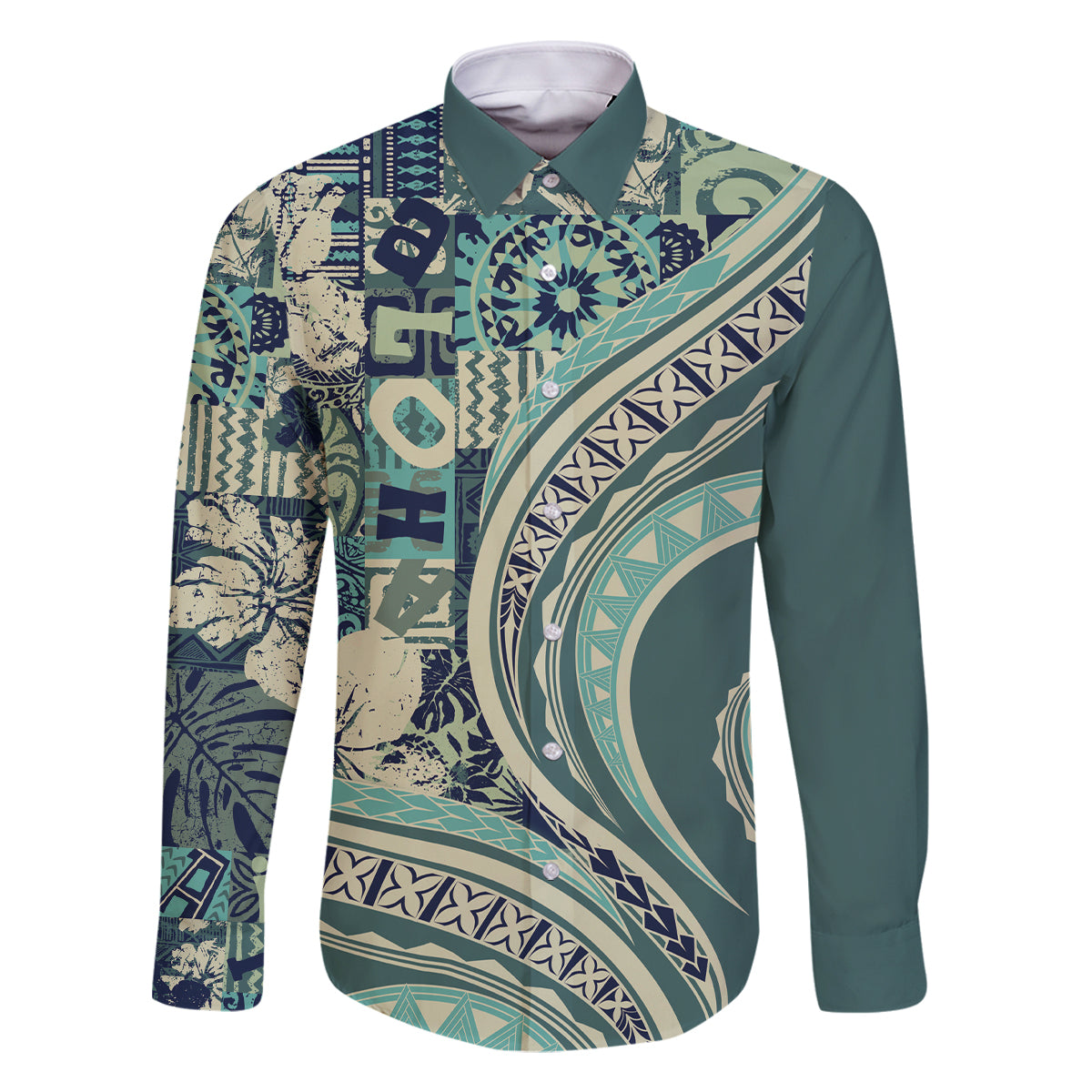 Hawaiian Hibiscus Tribal Vintage Motif Family Matching Long Sleeve Bodycon Dress and Hawaiian Shirt Ver 1 LT9 Dad's Shirt - Long Sleeve Sea Green - Polynesian Pride