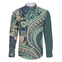 Hawaiian Hibiscus Tribal Vintage Motif Family Matching Long Sleeve Bodycon Dress and Hawaiian Shirt Ver 1 LT9 Dad's Shirt - Long Sleeve Sea Green - Polynesian Pride