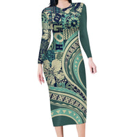 Hawaiian Hibiscus Tribal Vintage Motif Family Matching Long Sleeve Bodycon Dress and Hawaiian Shirt Ver 1 LT9 Mom's Dress Sea Green - Polynesian Pride