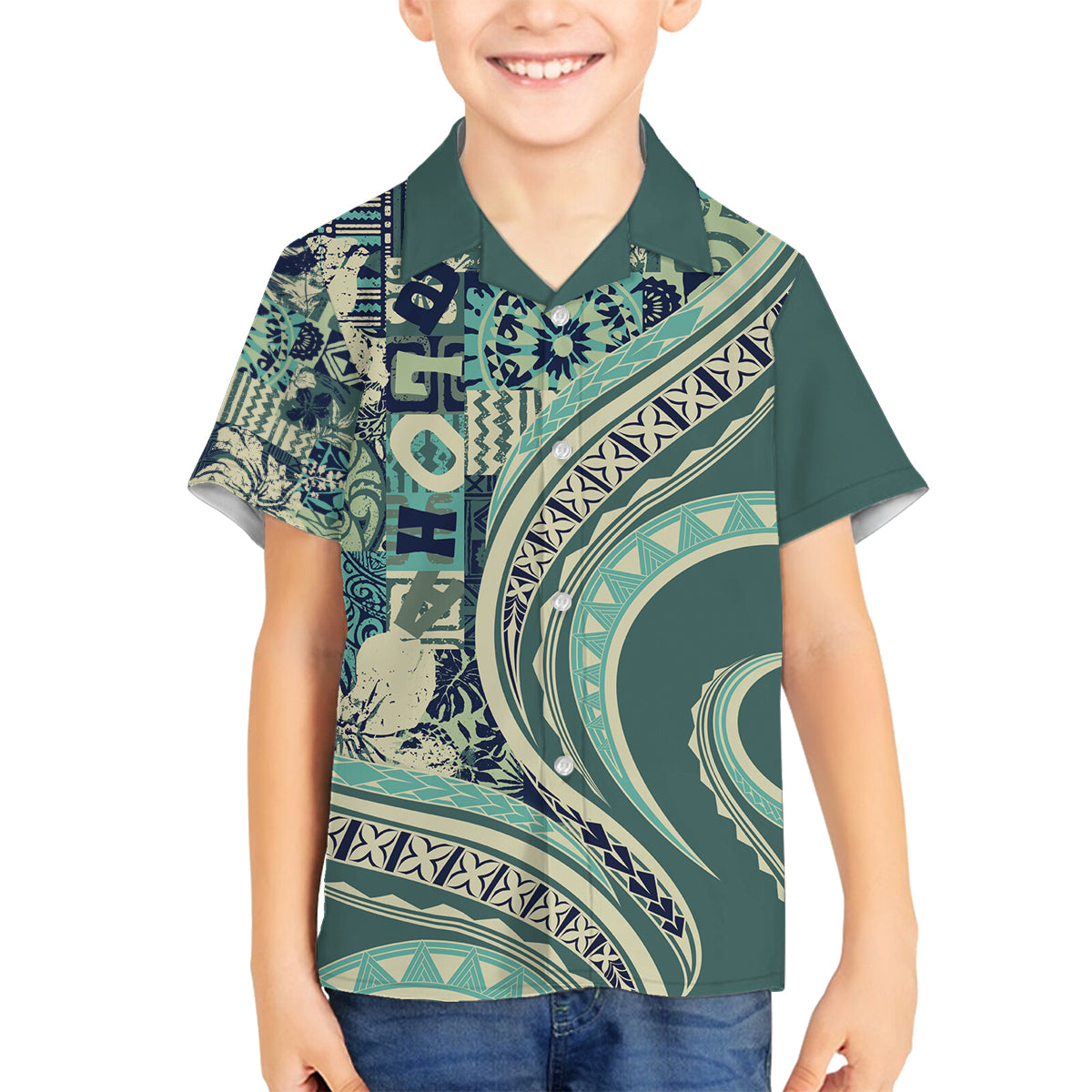 Hawaiian Hibiscus Tribal Vintage Motif Family Matching Long Sleeve Bodycon Dress and Hawaiian Shirt Ver 1 LT9 Son's Shirt Sea Green - Polynesian Pride