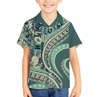 Hawaiian Hibiscus Tribal Vintage Motif Family Matching Long Sleeve Bodycon Dress and Hawaiian Shirt Ver 1 LT9 Son's Shirt Sea Green - Polynesian Pride