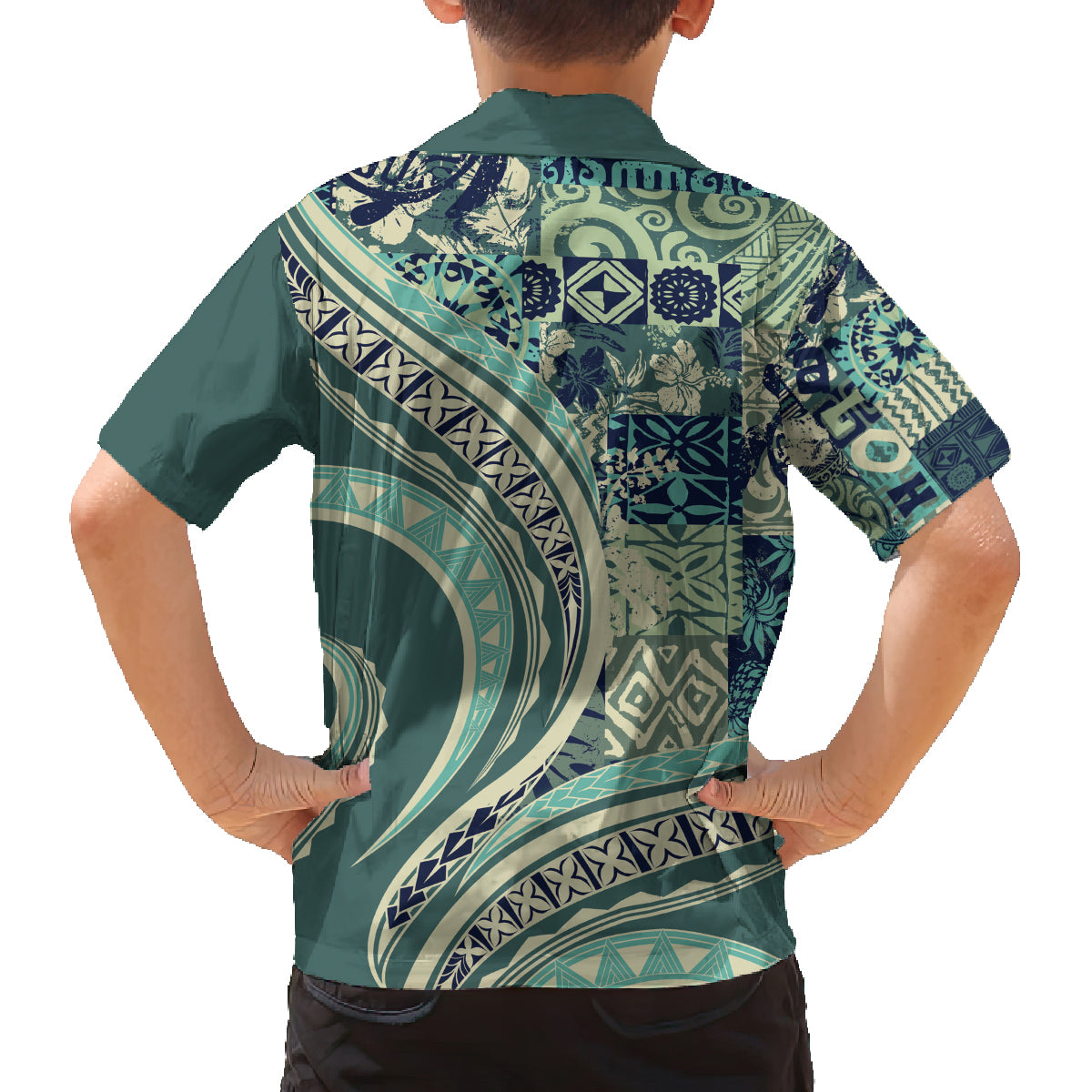 Hawaiian Hibiscus Tribal Vintage Motif Family Matching Off The Shoulder Long Sleeve Dress and Hawaiian Shirt Ver 1