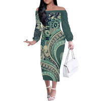 Hawaiian Hibiscus Tribal Vintage Motif Family Matching Off The Shoulder Long Sleeve Dress and Hawaiian Shirt Ver 1