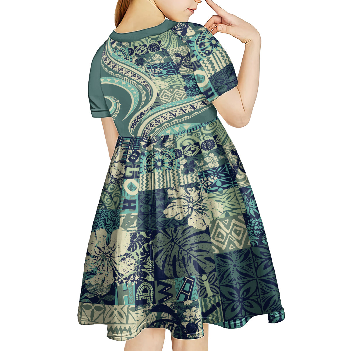 Hawaiian Hibiscus Tribal Vintage Motif Kid Short Sleeve Dress Ver 1