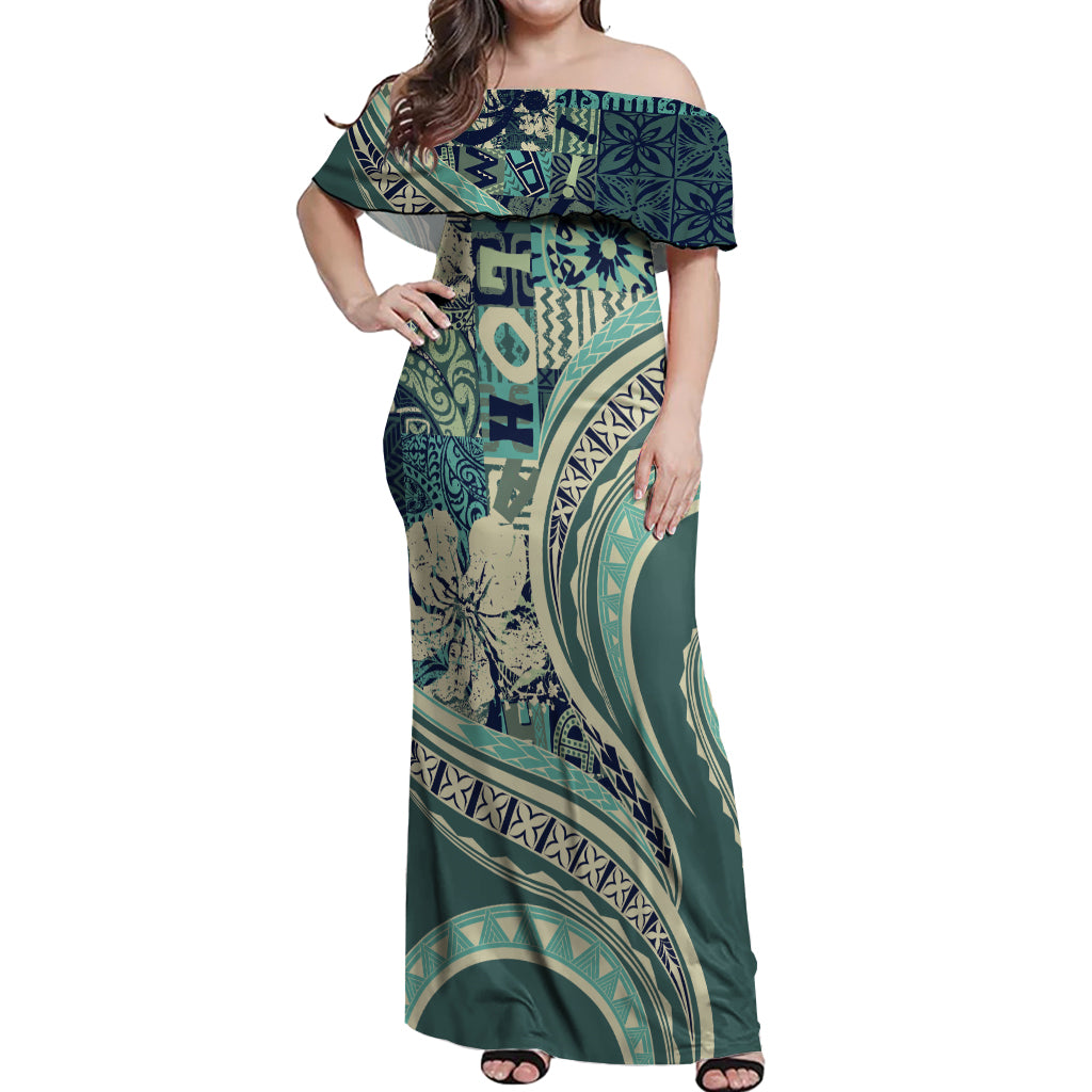 Hawaiian Hibiscus Tribal Vintage Motif Off Shoulder Maxi Dress Ver 1