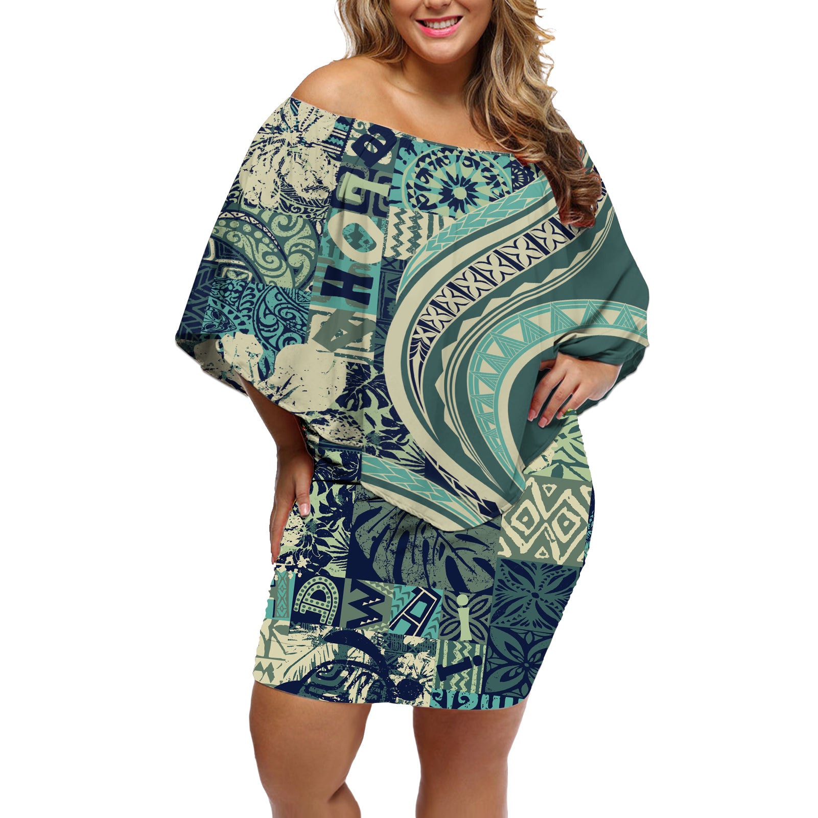 Hawaiian Hibiscus Tribal Vintage Motif Off Shoulder Short Dress Ver 1