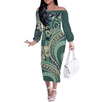 Hawaiian Hibiscus Tribal Vintage Motif Off The Shoulder Long Sleeve Dress Ver 1