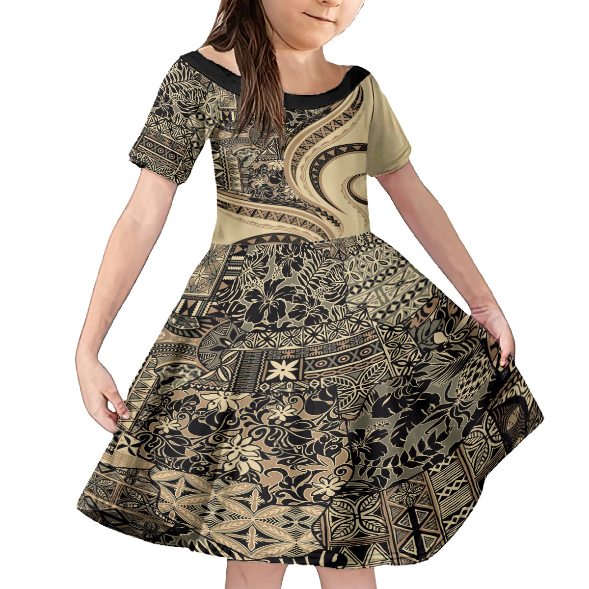 Hawaiian Hibiscus Tribal Vintage Motif Family Matching Long Sleeve Bodycon Dress and Hawaiian Shirt Ver 2 LT9 Daughter's Dress Beige - Polynesian Pride