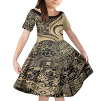Hawaiian Hibiscus Tribal Vintage Motif Family Matching Long Sleeve Bodycon Dress and Hawaiian Shirt Ver 2 LT9 Daughter's Dress Beige - Polynesian Pride