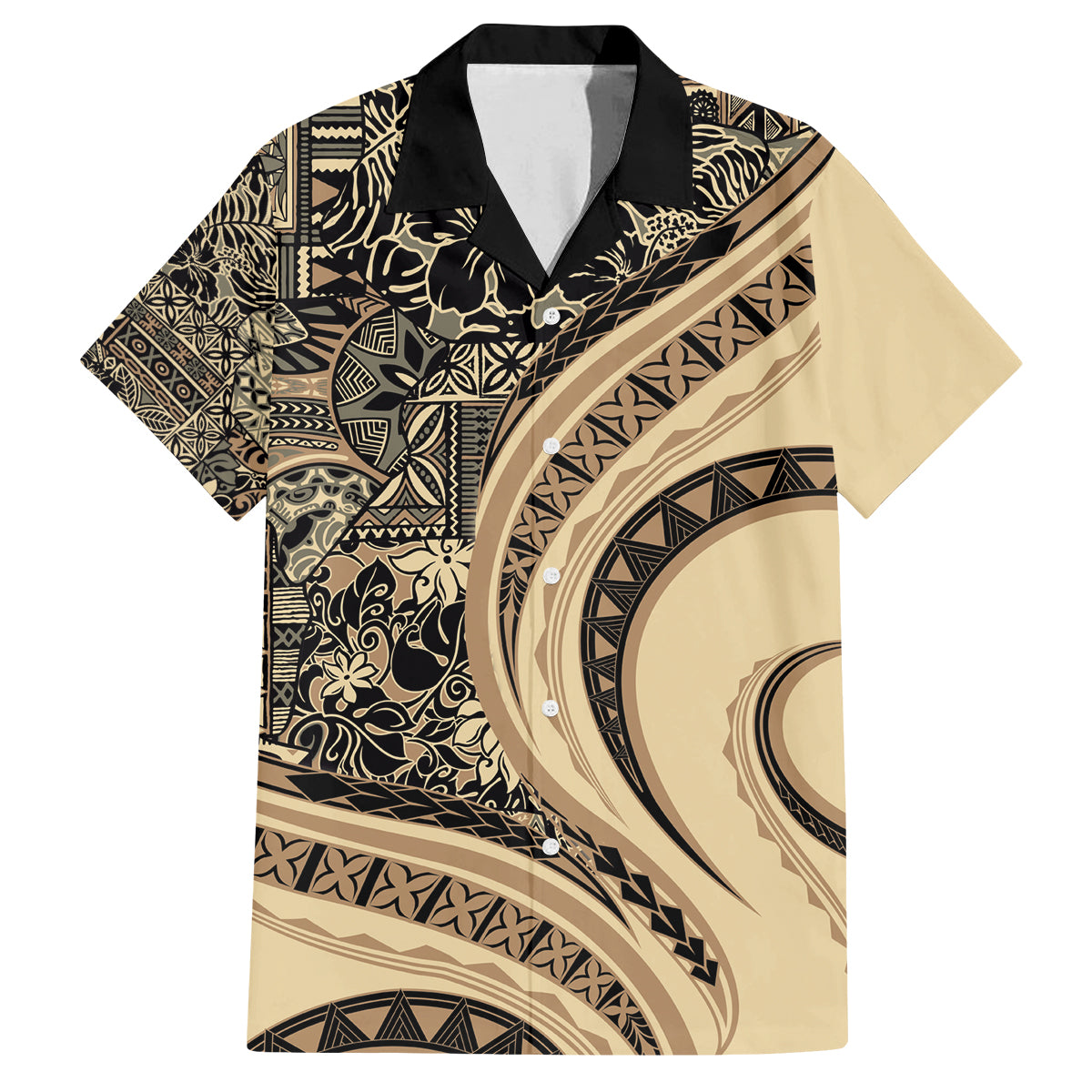 Hawaiian Hibiscus Tribal Vintage Motif Family Matching Long Sleeve Bodycon Dress and Hawaiian Shirt Ver 2 LT9 Dad's Shirt - Short Sleeve Beige - Polynesian Pride