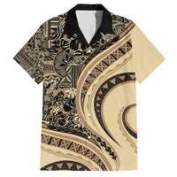 Hawaiian Hibiscus Tribal Vintage Motif Family Matching Long Sleeve Bodycon Dress and Hawaiian Shirt Ver 2 LT9 Dad's Shirt - Short Sleeve Beige - Polynesian Pride