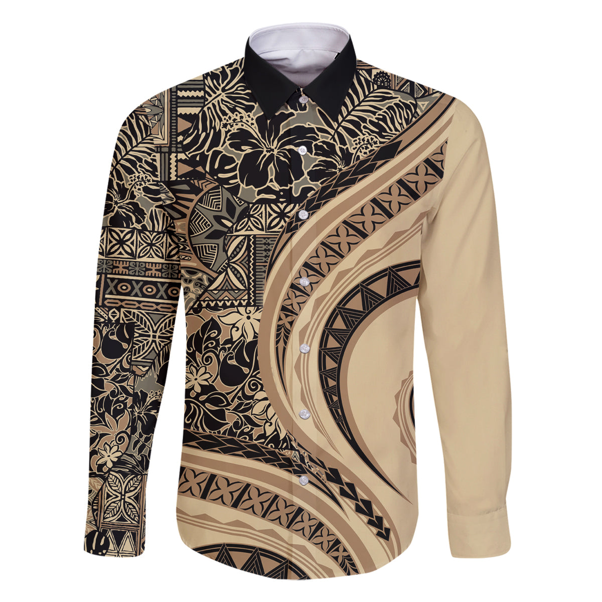 Hawaiian Hibiscus Tribal Vintage Motif Family Matching Long Sleeve Bodycon Dress and Hawaiian Shirt Ver 2 LT9 Dad's Shirt - Long Sleeve Beige - Polynesian Pride