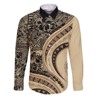Hawaiian Hibiscus Tribal Vintage Motif Family Matching Long Sleeve Bodycon Dress and Hawaiian Shirt Ver 2 LT9 Dad's Shirt - Long Sleeve Beige - Polynesian Pride