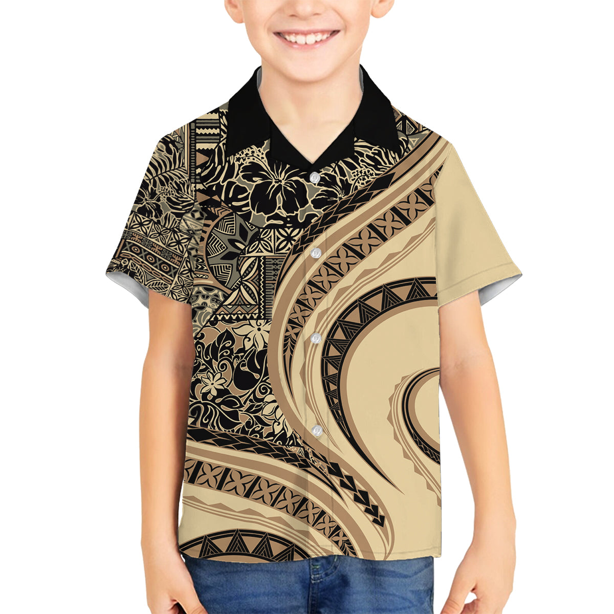 Hawaiian Hibiscus Tribal Vintage Motif Family Matching Long Sleeve Bodycon Dress and Hawaiian Shirt Ver 2 LT9 Son's Shirt Beige - Polynesian Pride