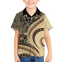 Hawaiian Hibiscus Tribal Vintage Motif Family Matching Long Sleeve Bodycon Dress and Hawaiian Shirt Ver 2 LT9 Son's Shirt Beige - Polynesian Pride