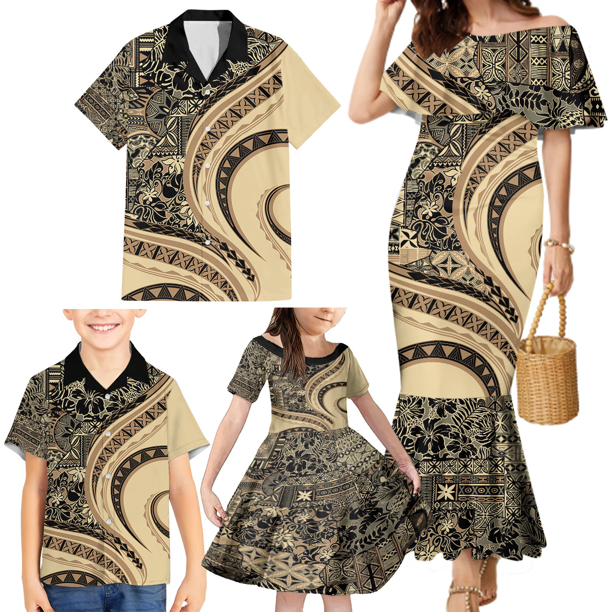 Hawaiian Hibiscus Tribal Vintage Motif Family Matching Mermaid Dress and Hawaiian Shirt Ver 2