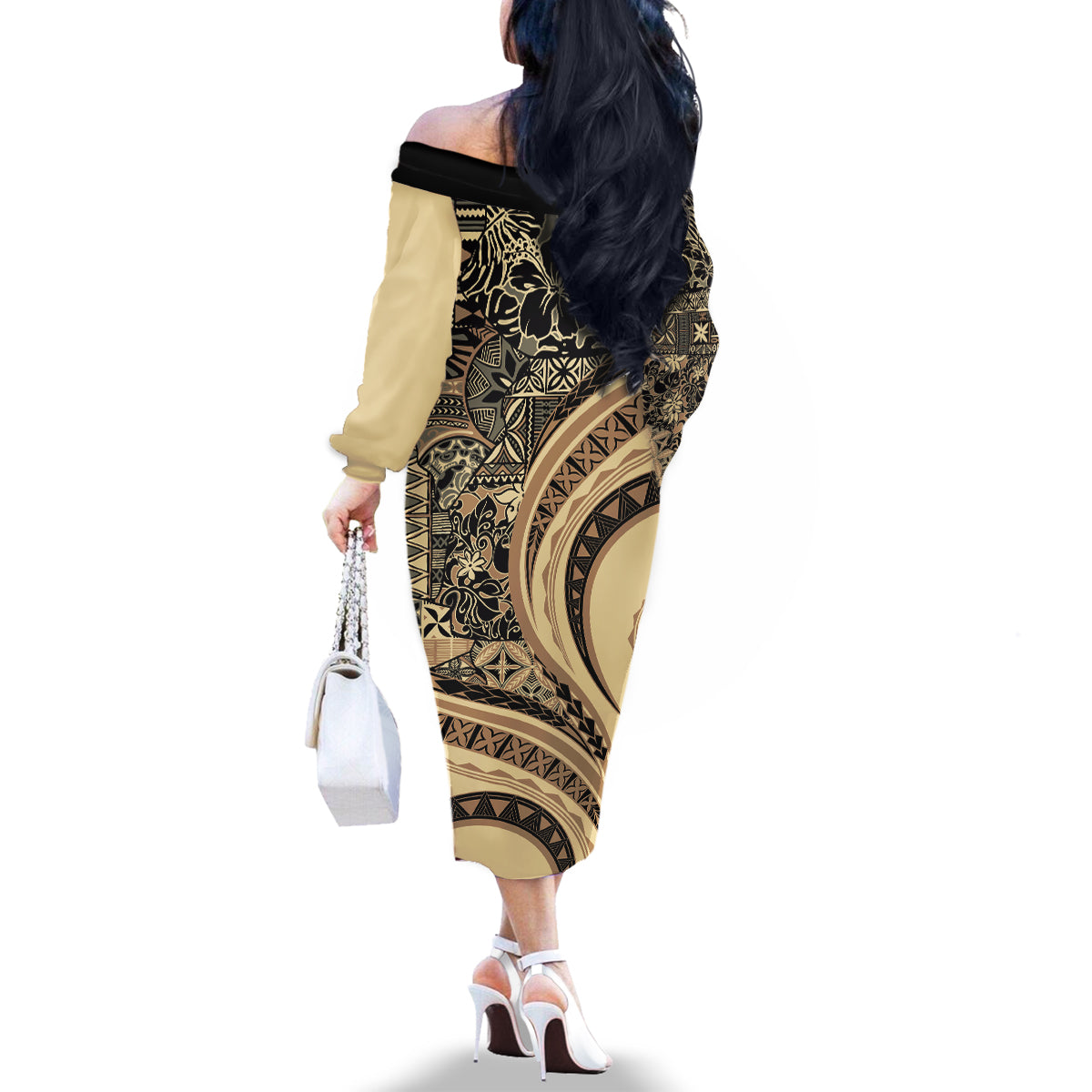 Hawaiian Hibiscus Tribal Vintage Motif Family Matching Off The Shoulder Long Sleeve Dress and Hawaiian Shirt Ver 2