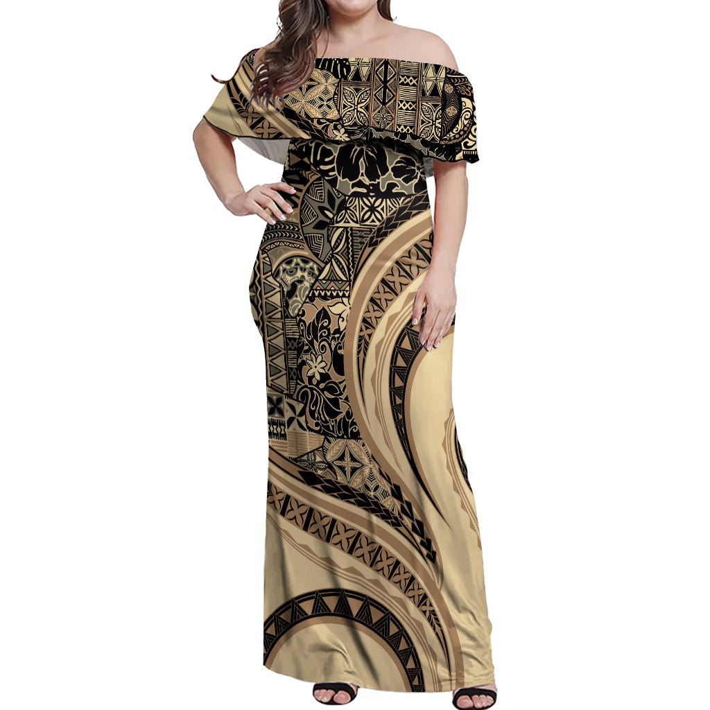 Hawaiian Hibiscus Tribal Vintage Motif Off Shoulder Maxi Dress Ver 2