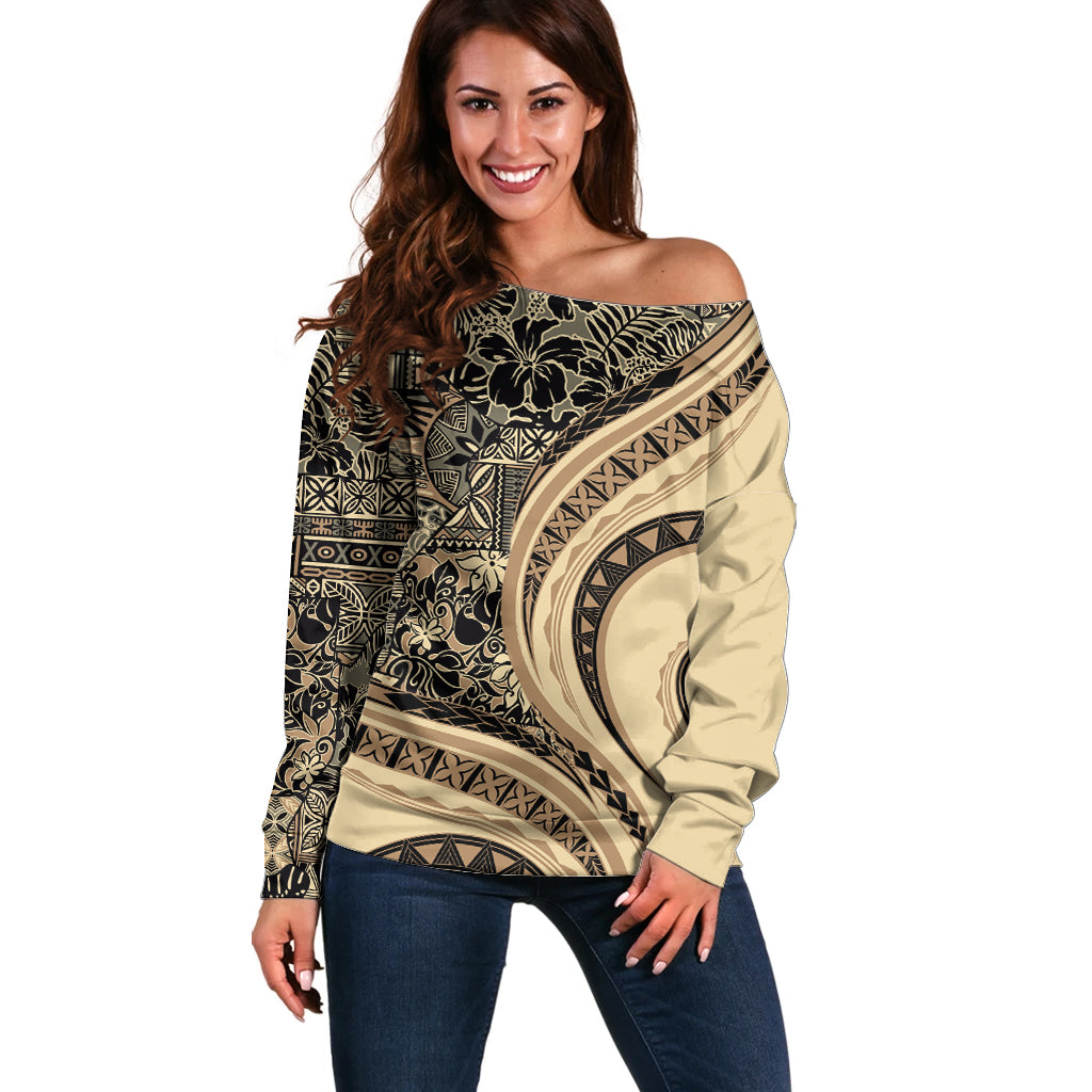 Hawaiian Hibiscus Tribal Vintage Motif Off Shoulder Sweater Ver 2