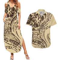 Hawaiian Hibiscus Tribal Vintage Motif Couples Matching Summer Maxi Dress and Hawaiian Shirt Ver 3