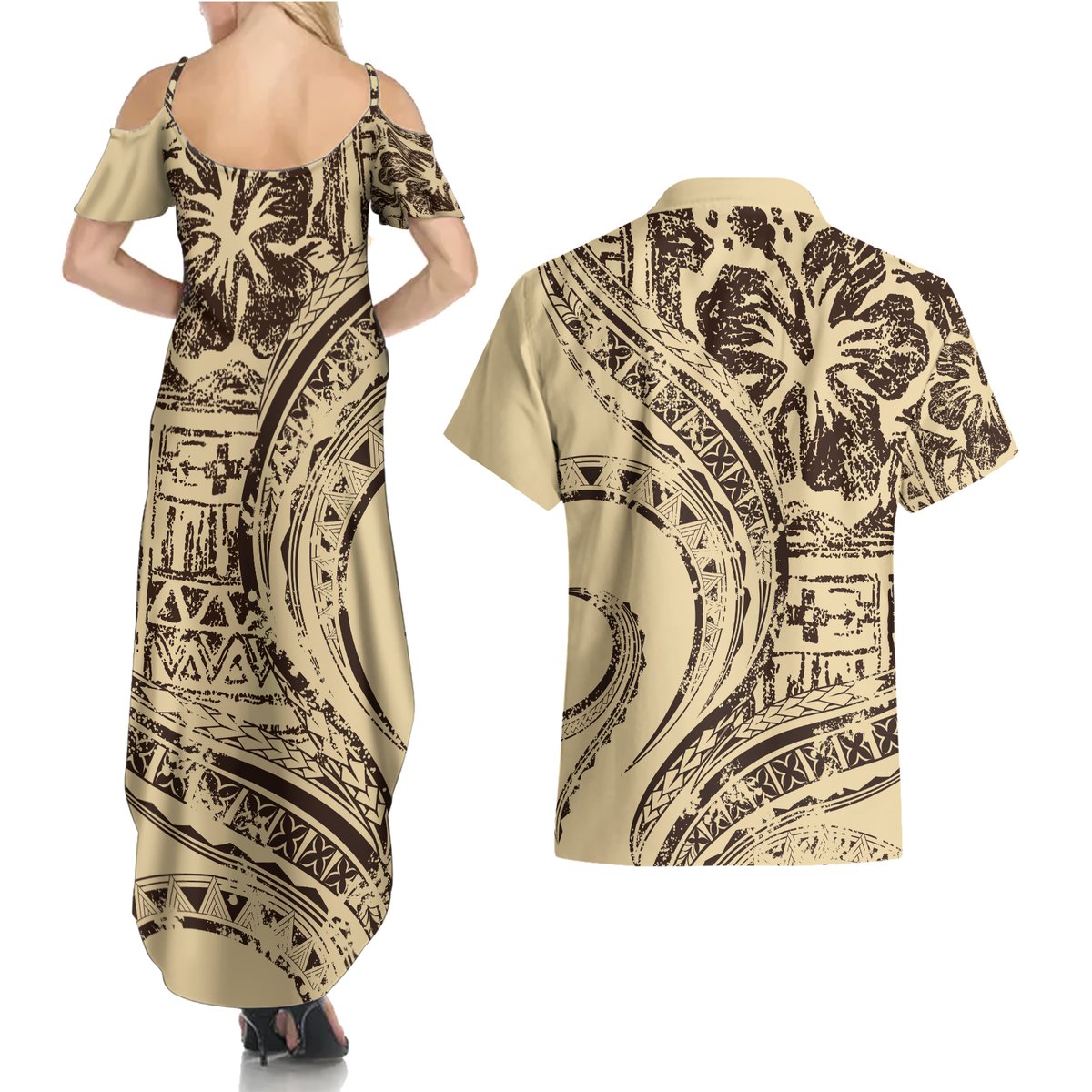 Hawaiian Hibiscus Tribal Vintage Motif Couples Matching Summer Maxi Dress and Hawaiian Shirt Ver 3