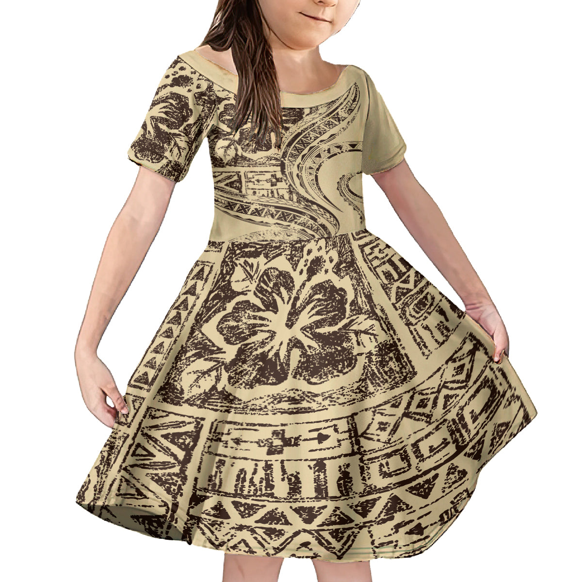 Hawaiian Hibiscus Tribal Vintage Motif Family Matching Long Sleeve Bodycon Dress and Hawaiian Shirt Ver 3 LT9 Daughter's Dress Beige - Polynesian Pride