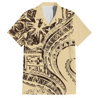 Hawaiian Hibiscus Tribal Vintage Motif Family Matching Long Sleeve Bodycon Dress and Hawaiian Shirt Ver 3 LT9 Dad's Shirt - Short Sleeve Beige - Polynesian Pride