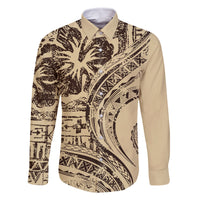 Hawaiian Hibiscus Tribal Vintage Motif Family Matching Long Sleeve Bodycon Dress and Hawaiian Shirt Ver 3 LT9 Dad's Shirt - Long Sleeve Beige - Polynesian Pride