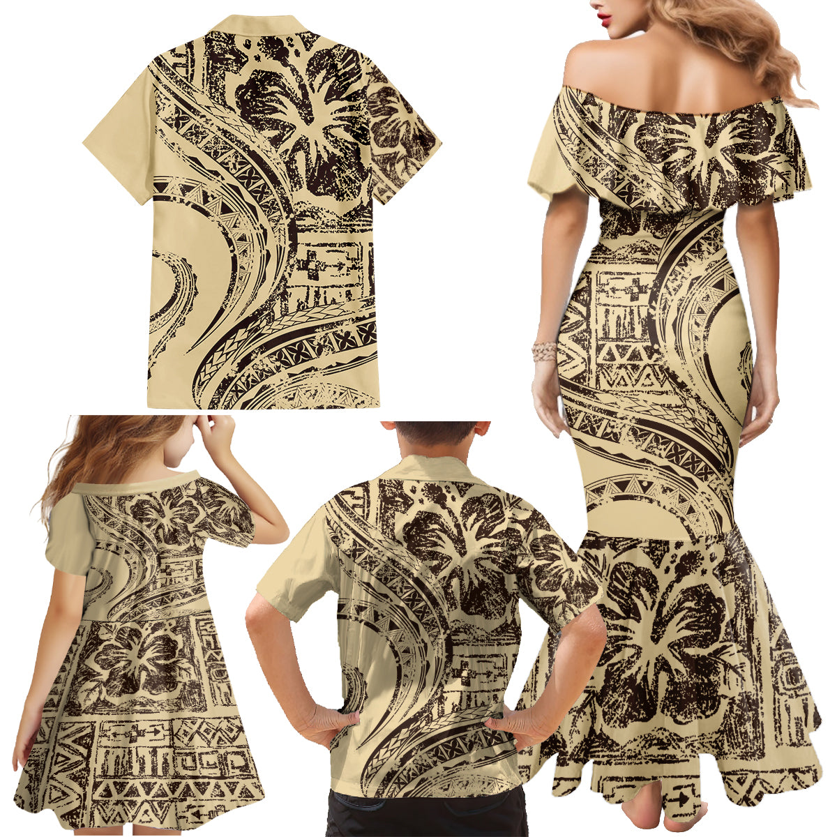 Hawaiian Hibiscus Tribal Vintage Motif Family Matching Mermaid Dress and Hawaiian Shirt Ver 3