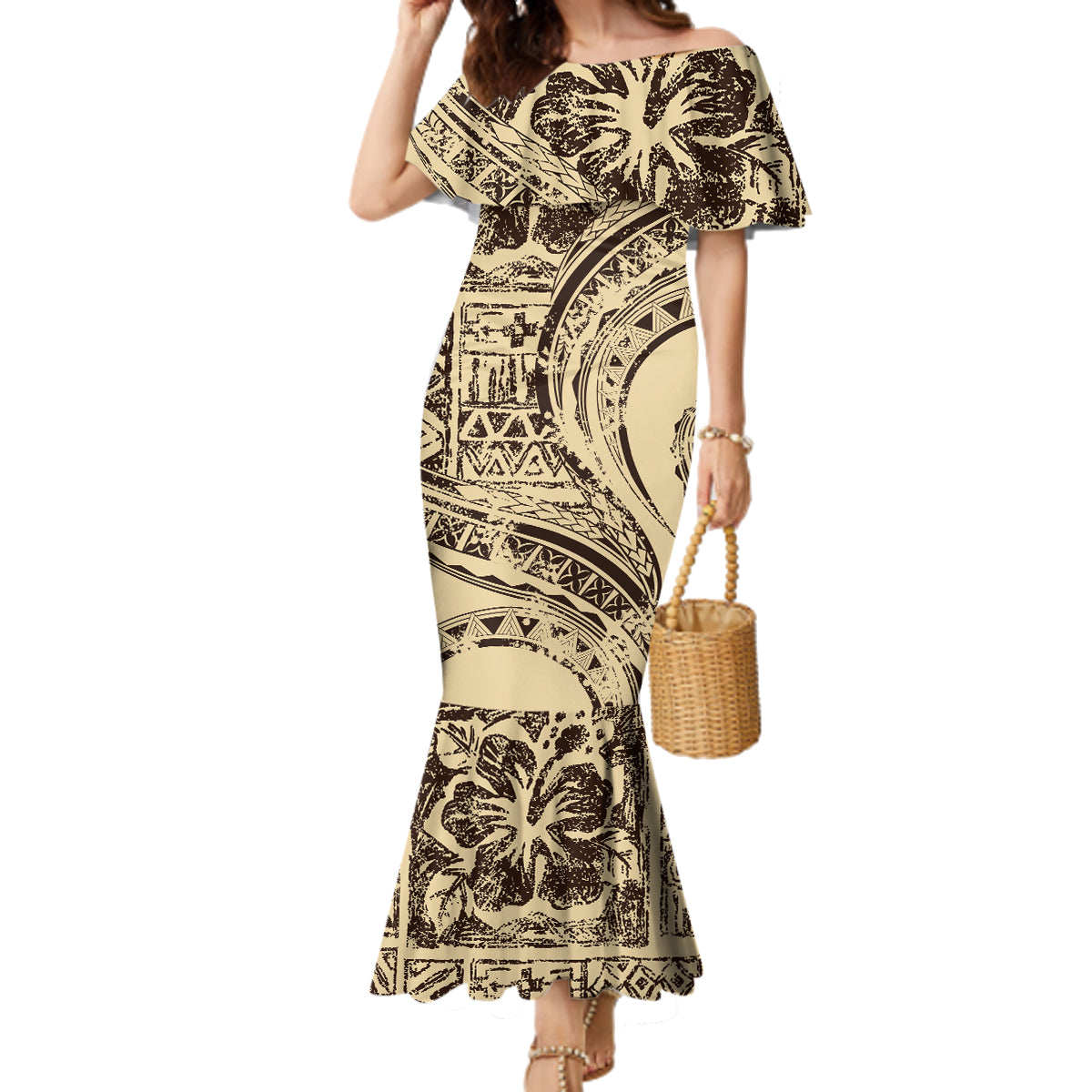Hawaiian Hibiscus Tribal Vintage Motif Family Matching Mermaid Dress and Hawaiian Shirt Ver 3