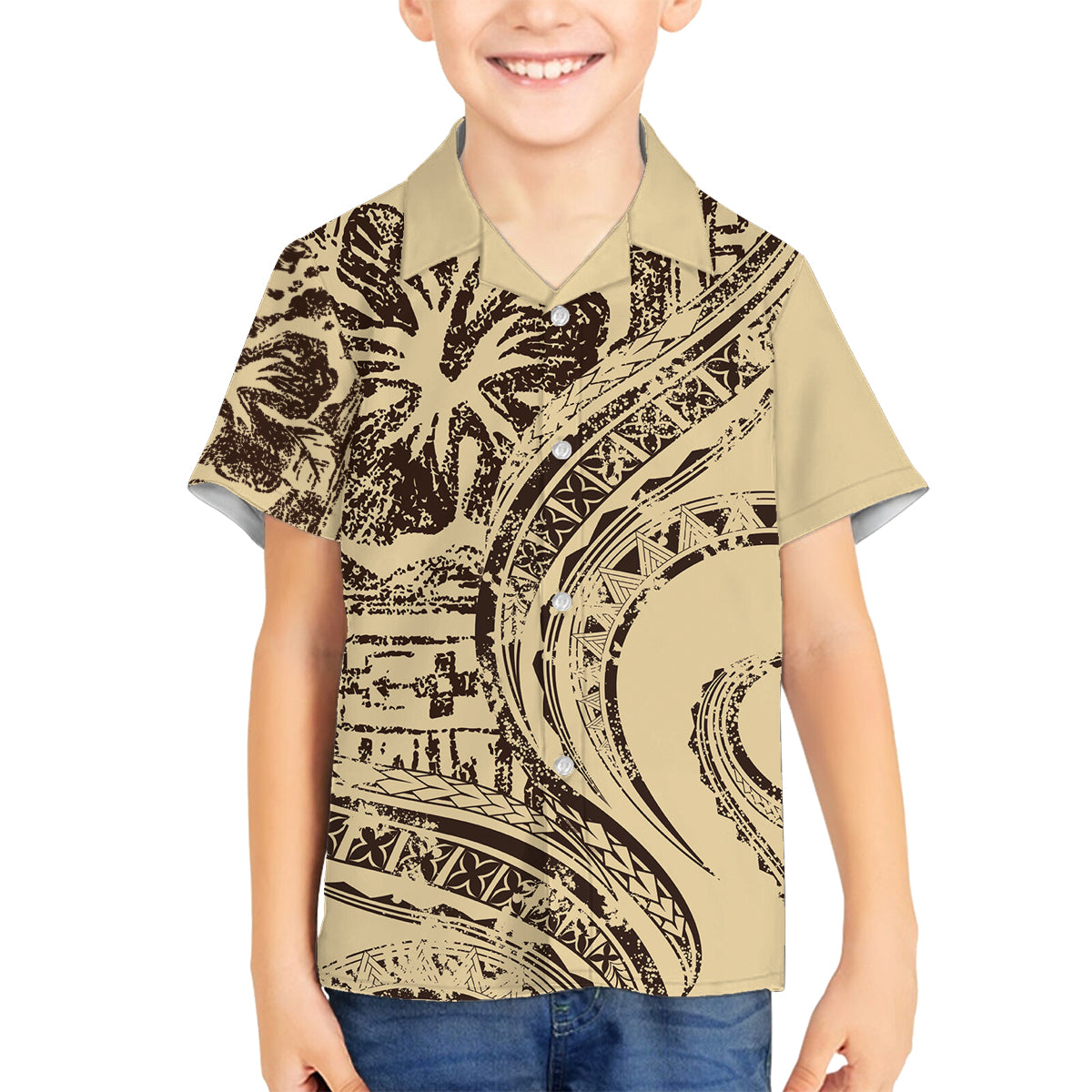 Hawaiian Hibiscus Tribal Vintage Motif Family Matching Off Shoulder Maxi Dress and Hawaiian Shirt Ver 3