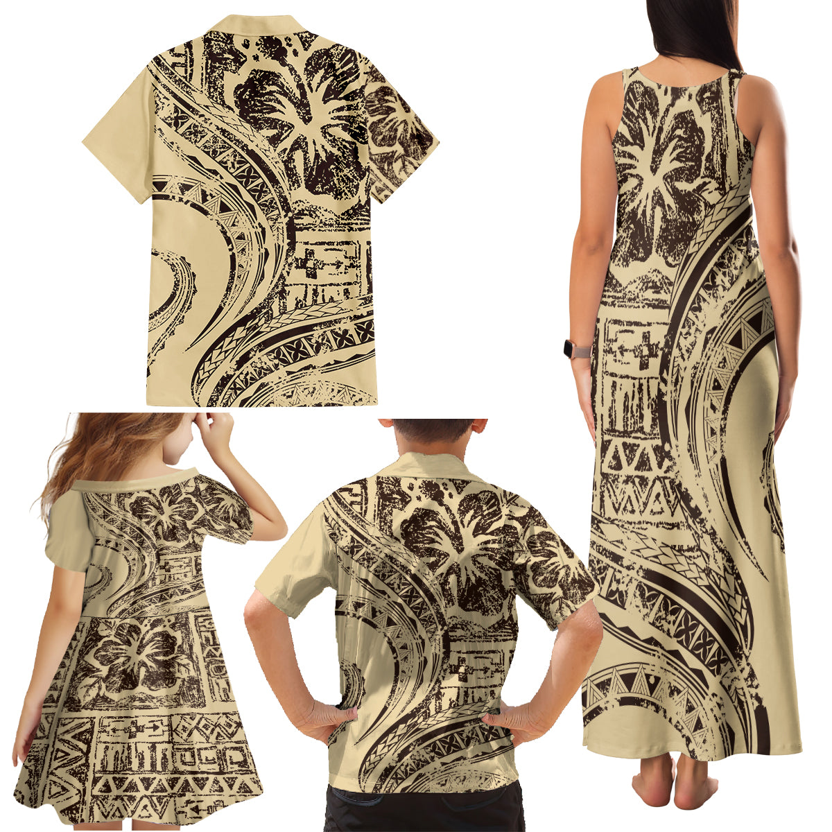 Hawaiian Hibiscus Tribal Vintage Motif Family Matching Tank Maxi Dress and Hawaiian Shirt Ver 3