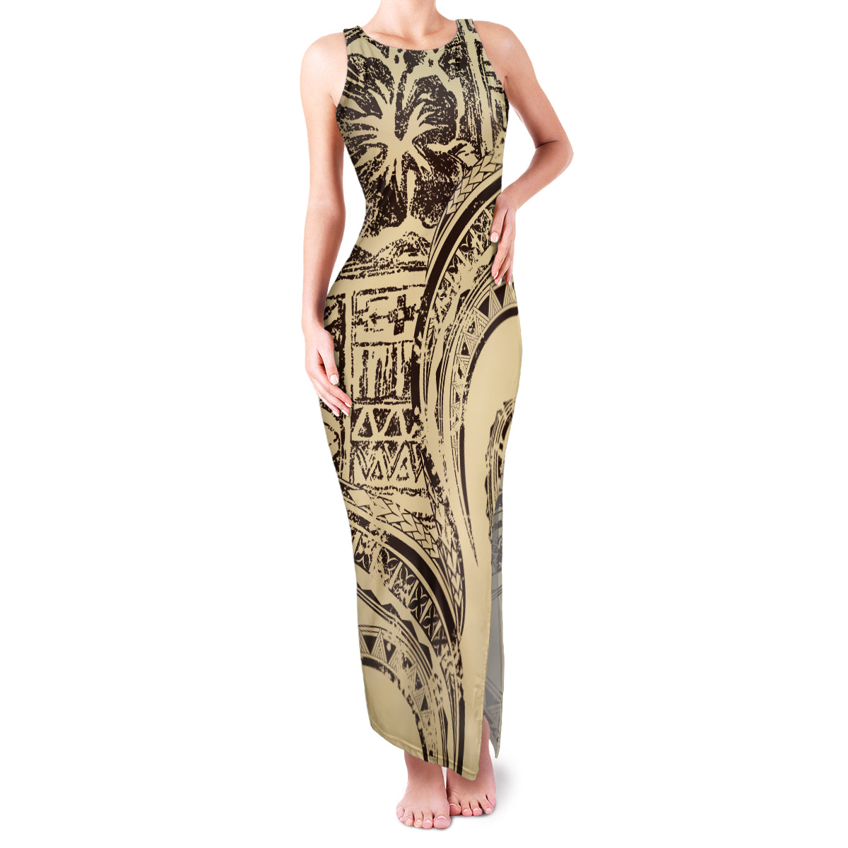 Hawaiian Hibiscus Tribal Vintage Motif Family Matching Tank Maxi Dress and Hawaiian Shirt Ver 3