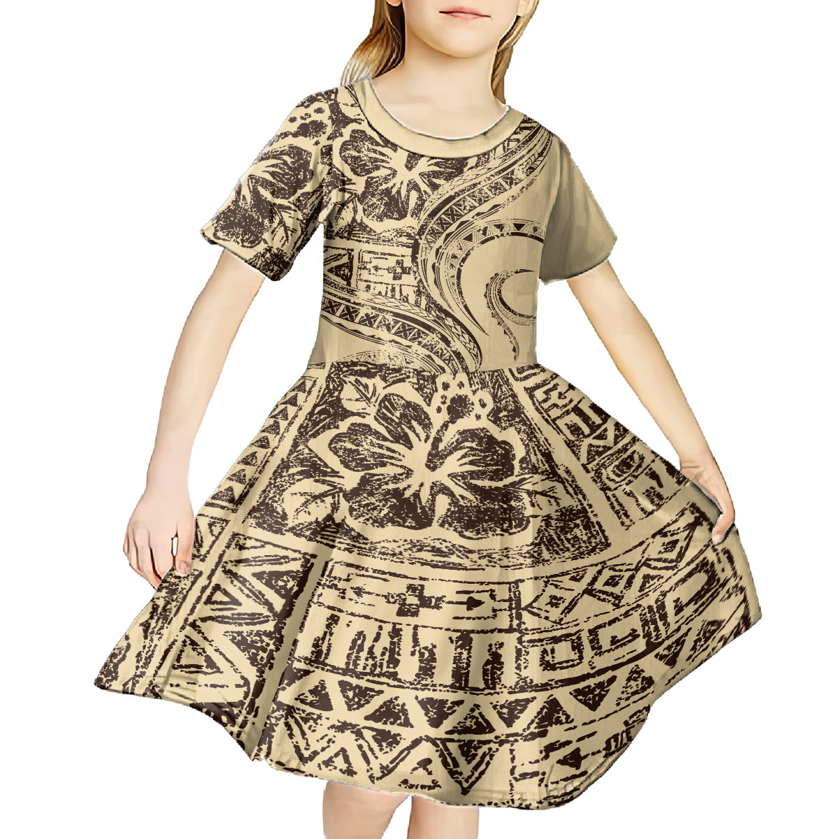 Hawaiian Hibiscus Tribal Vintage Motif Kid Short Sleeve Dress Ver 3