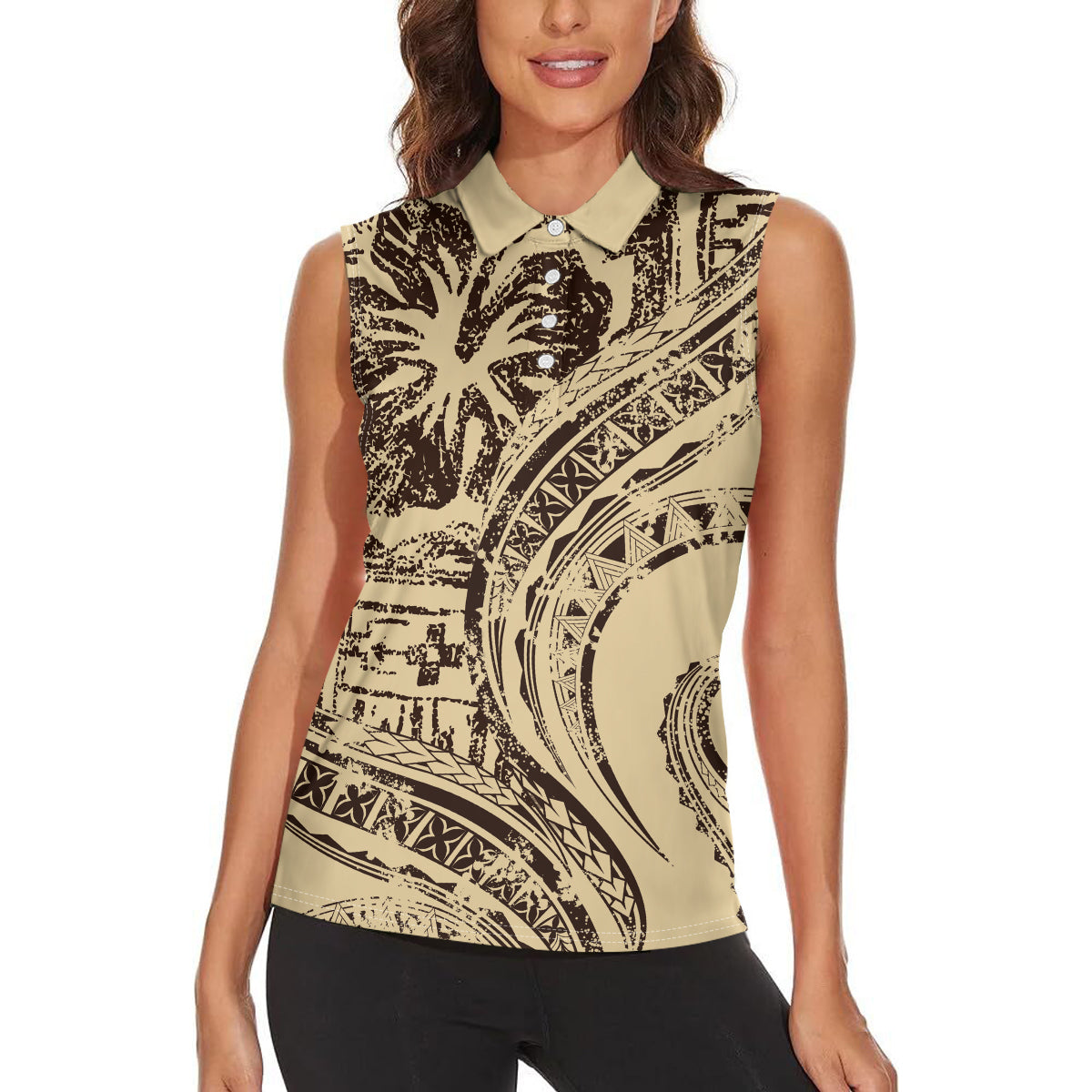 Hawaiian Hibiscus Tribal Vintage Motif Women Sleeveless Polo Shirt Ver 3