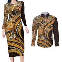 Hawaiian Hibiscus Tribal Vintage Motif Couples Matching Long Sleeve Bodycon Dress and Long Sleeve Button Shirt Ver 4