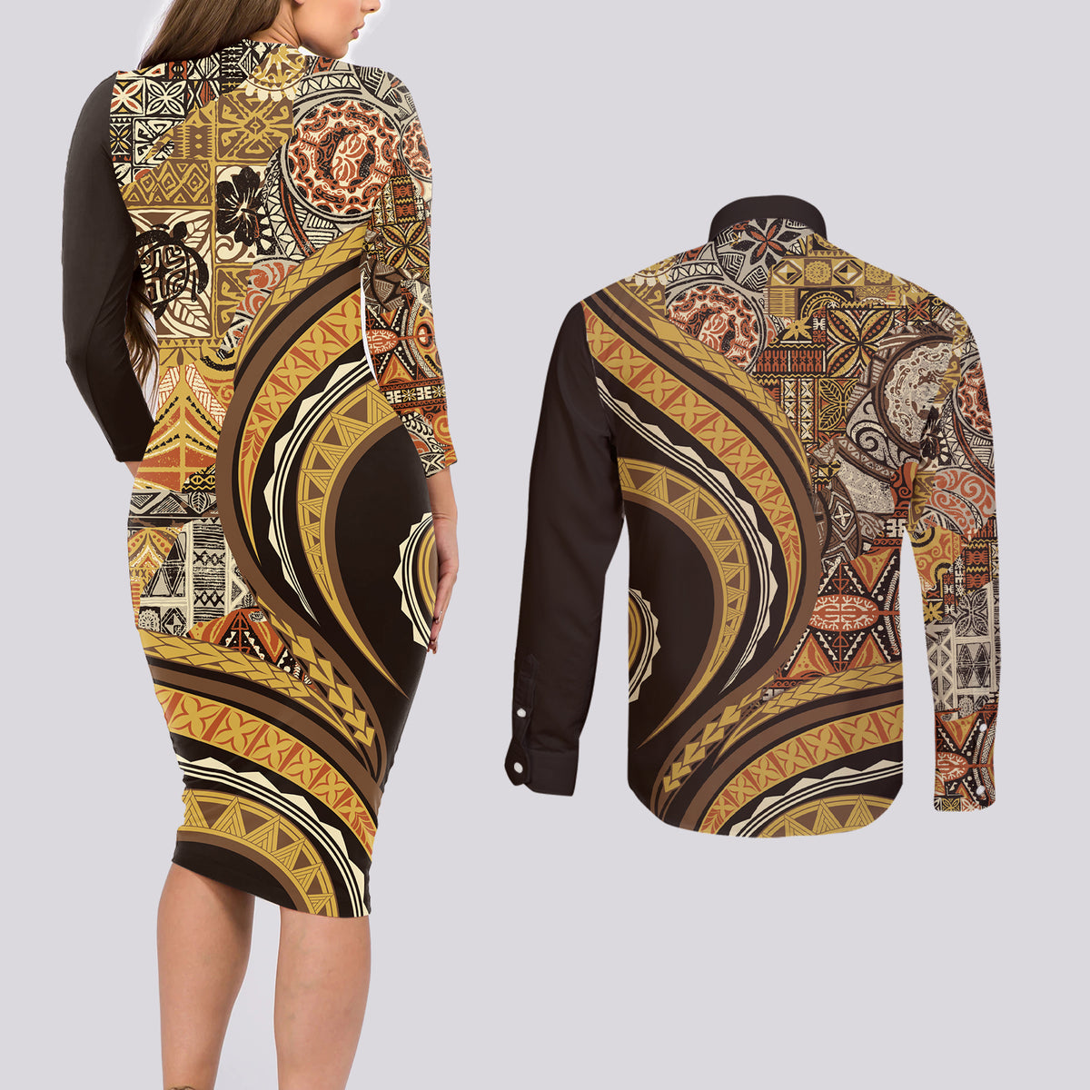 Hawaiian Hibiscus Tribal Vintage Motif Couples Matching Long Sleeve Bodycon Dress and Long Sleeve Button Shirt Ver 4
