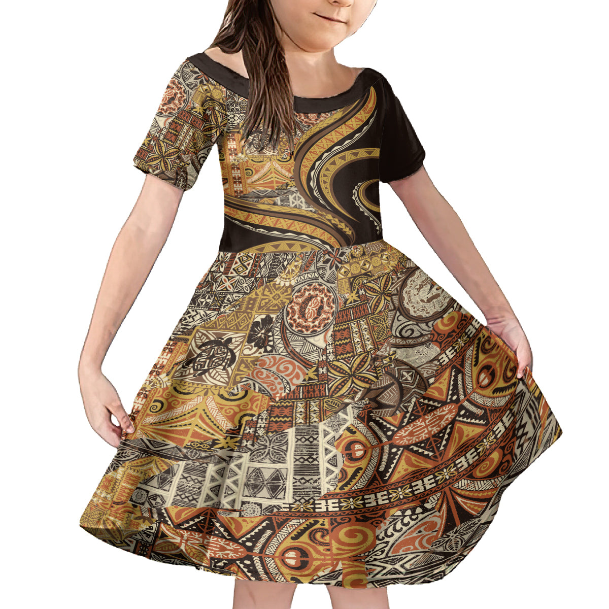 Hawaiian Hibiscus Tribal Vintage Motif Family Matching Long Sleeve Bodycon Dress and Hawaiian Shirt Ver 4 LT9 Daughter's Dress Gold - Polynesian Pride