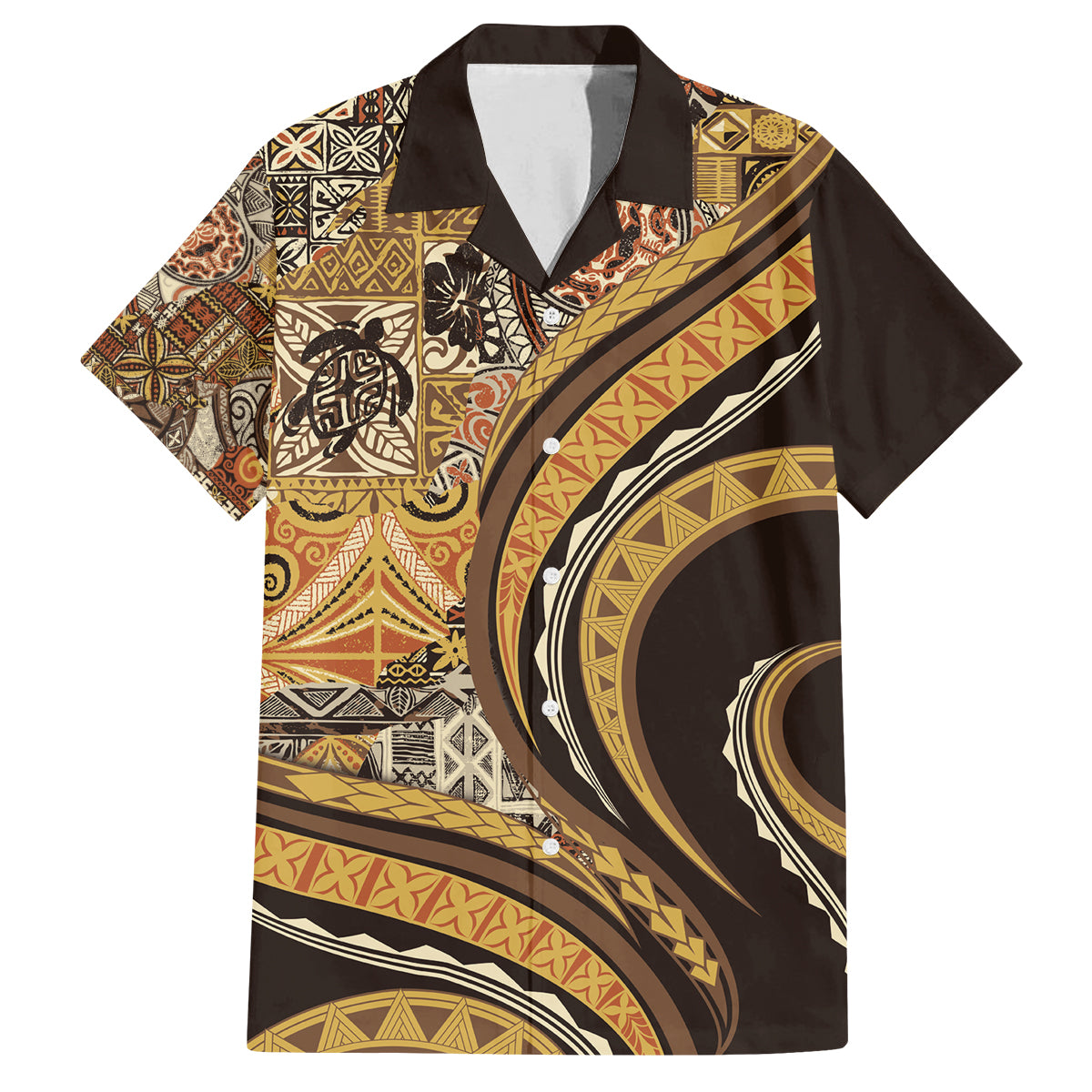 Hawaiian Hibiscus Tribal Vintage Motif Family Matching Long Sleeve Bodycon Dress and Hawaiian Shirt Ver 4 LT9 Dad's Shirt - Short Sleeve Gold - Polynesian Pride
