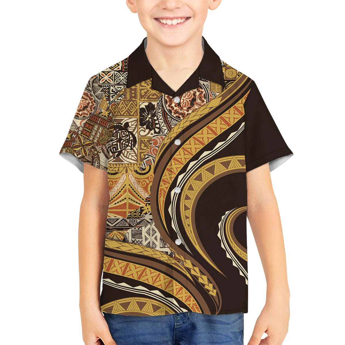 Hawaiian Hibiscus Tribal Vintage Motif Family Matching Long Sleeve Bodycon Dress and Hawaiian Shirt Ver 4 LT9 Son's Shirt Gold - Polynesian Pride