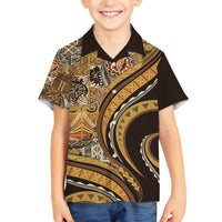 Hawaiian Hibiscus Tribal Vintage Motif Family Matching Long Sleeve Bodycon Dress and Hawaiian Shirt Ver 4 LT9 Son's Shirt Gold - Polynesian Pride