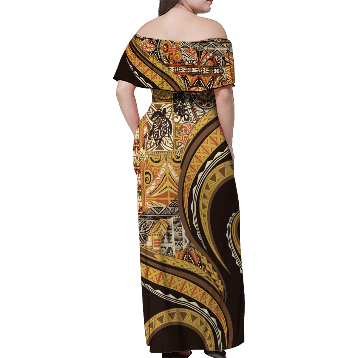 Hawaiian Hibiscus Tribal Vintage Motif Family Matching Off Shoulder Maxi Dress and Hawaiian Shirt Ver 4