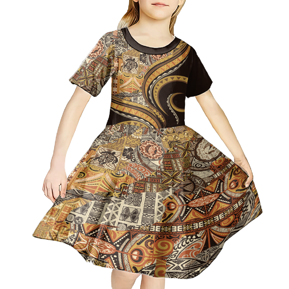 Hawaiian Hibiscus Tribal Vintage Motif Kid Short Sleeve Dress Ver 4
