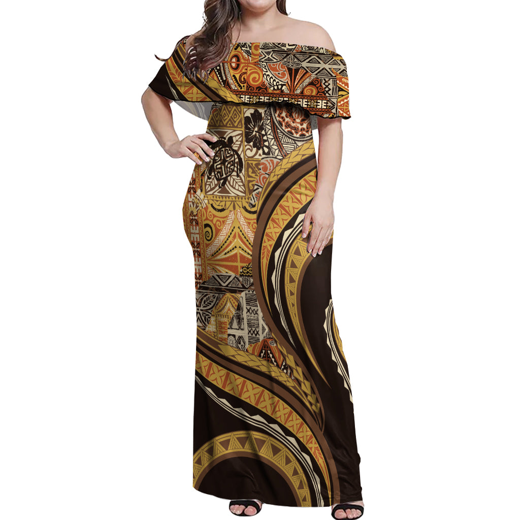 Hawaiian Hibiscus Tribal Vintage Motif Off Shoulder Maxi Dress Ver 4