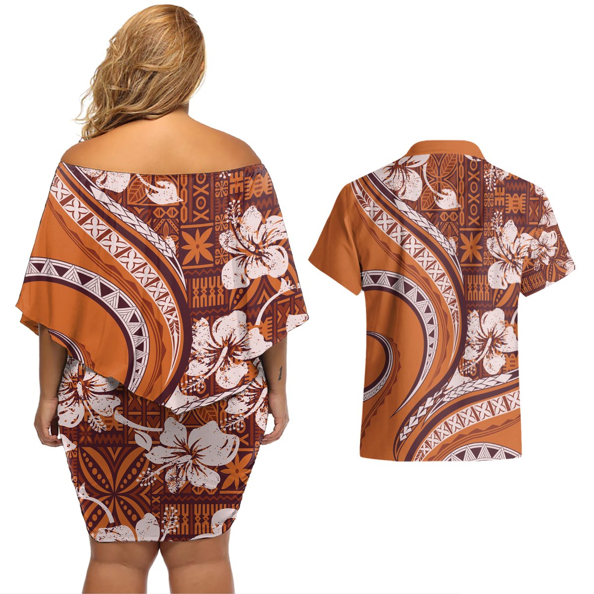 Hawaiian Hibiscus Tribal Vintage Motif Couples Matching Off Shoulder Short Dress and Hawaiian Shirt Ver 5