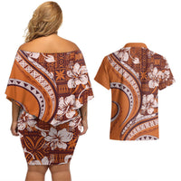Hawaiian Hibiscus Tribal Vintage Motif Couples Matching Off Shoulder Short Dress and Hawaiian Shirt Ver 5