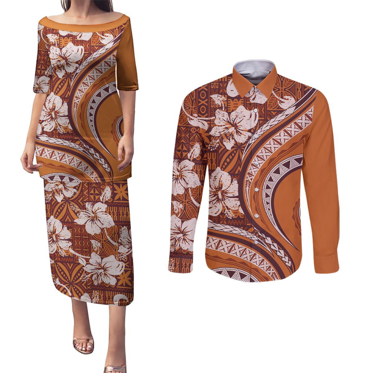 Hawaiian Hibiscus Tribal Vintage Motif Couples Matching Puletasi and Long Sleeve Button Shirt Ver 5