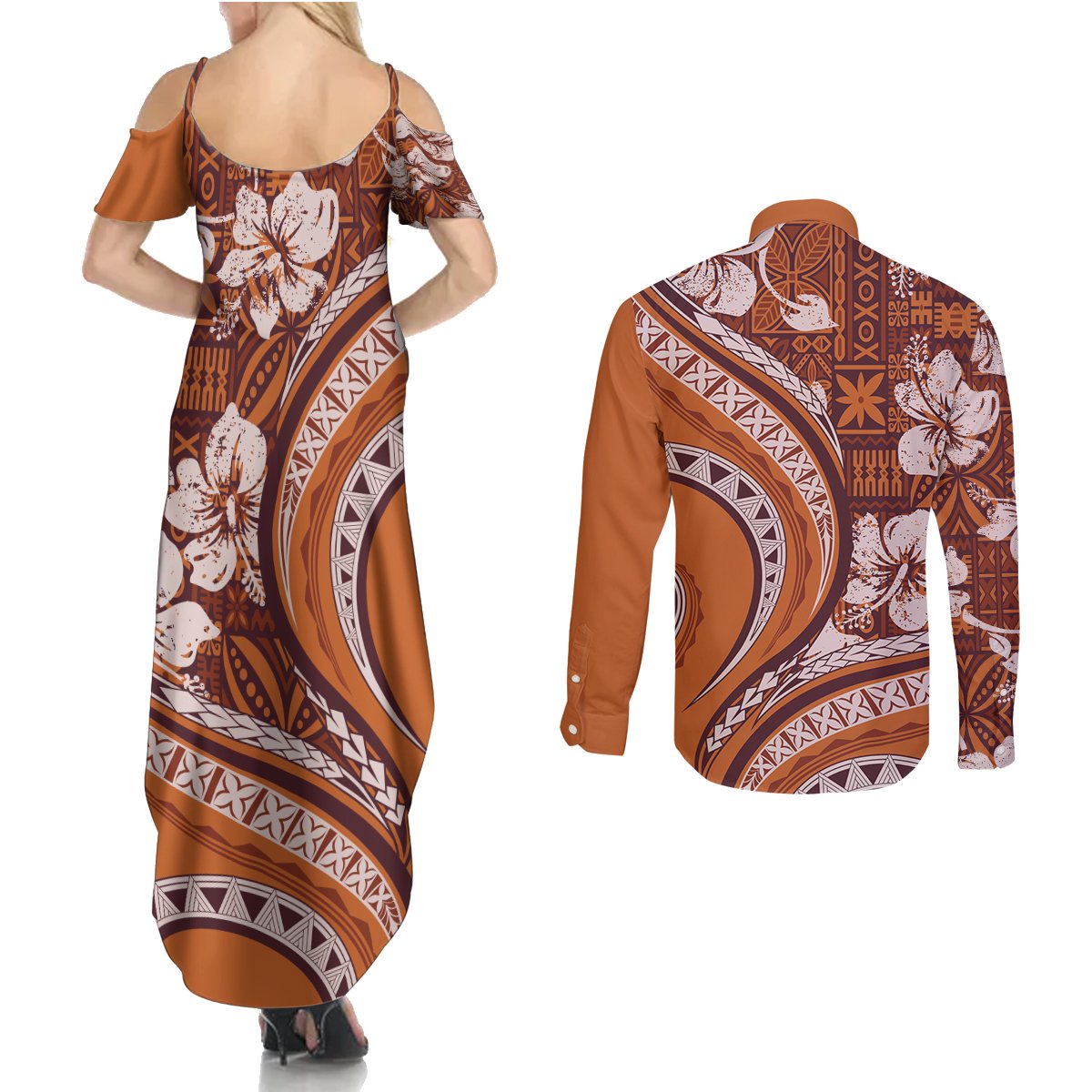 Hawaiian Hibiscus Tribal Vintage Motif Couples Matching Summer Maxi Dress and Long Sleeve Button Shirt Ver 5