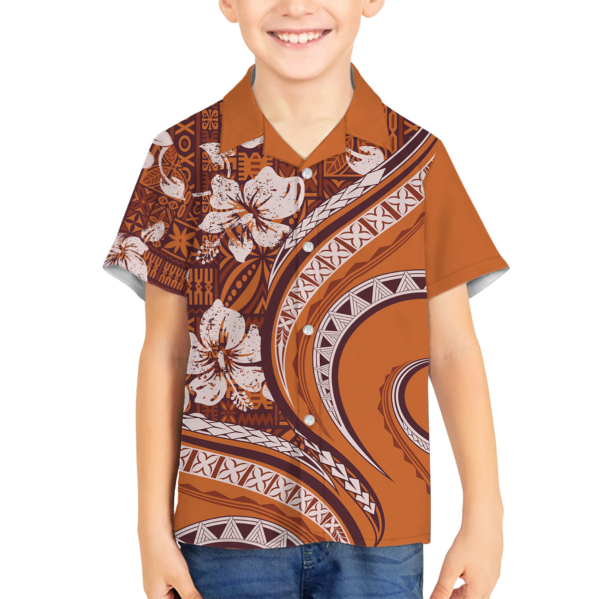 Hawaiian Hibiscus Tribal Vintage Motif Family Matching Long Sleeve Bodycon Dress and Hawaiian Shirt Ver 5 LT9 Son's Shirt Gold - Polynesian Pride