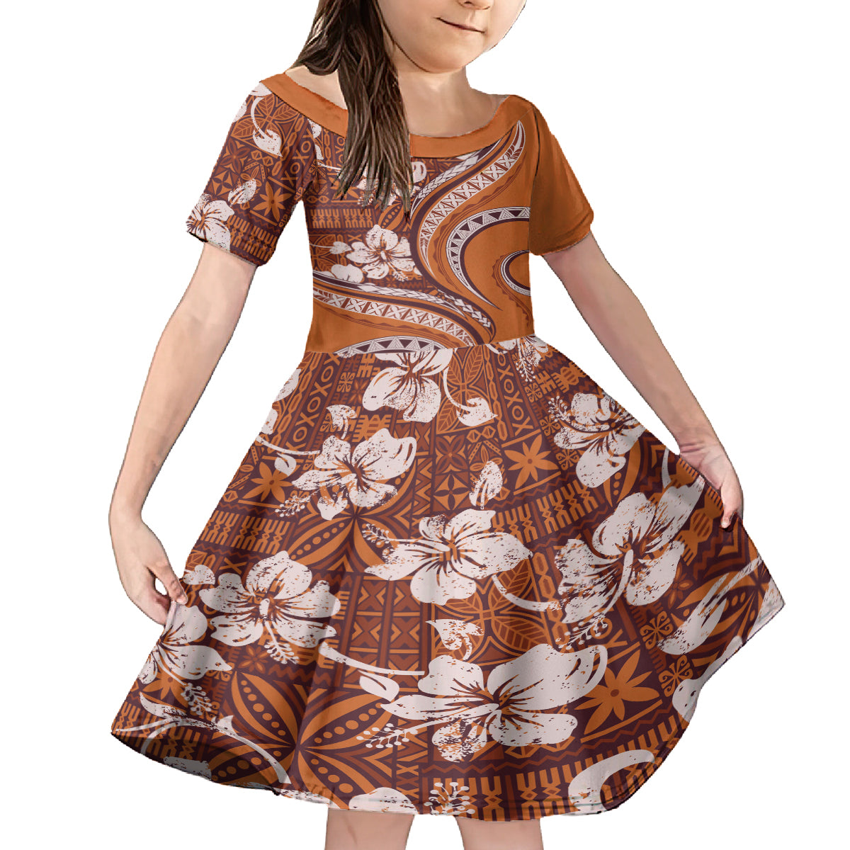 Hawaiian Hibiscus Tribal Vintage Motif Kid Short Sleeve Dress Ver 5